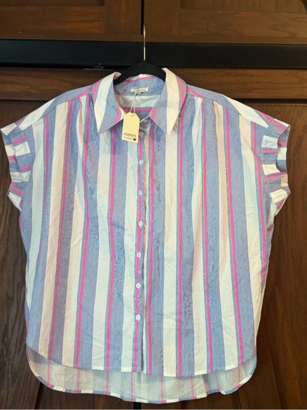 JODIFL Relaxed Stripe Button-Down Shirt - White, Light Blue & Pink Sz M NWT